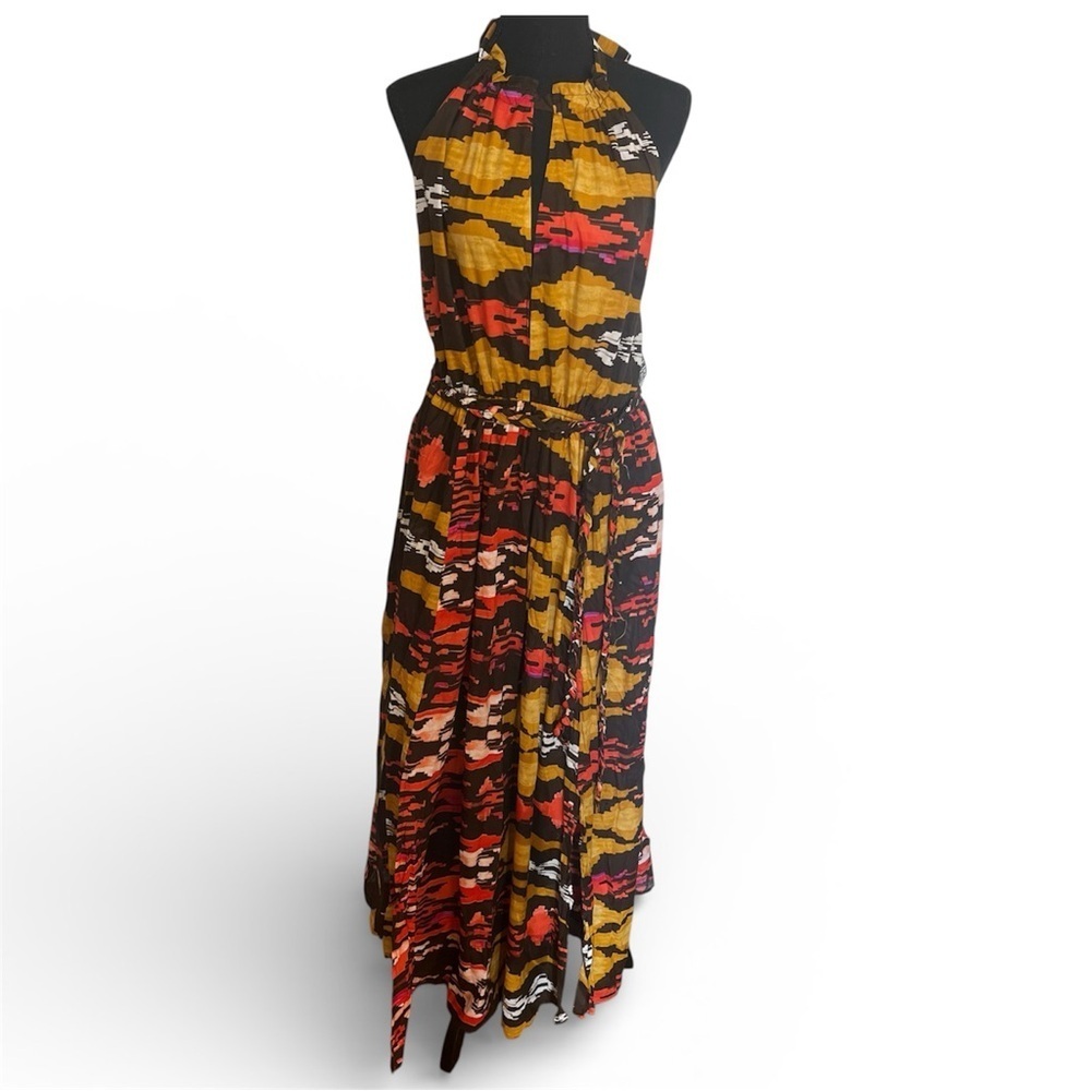 NWT NY&C Abstract Halter Maxi Dress XL Cotton Belted Orange Yellow Brown Aztec